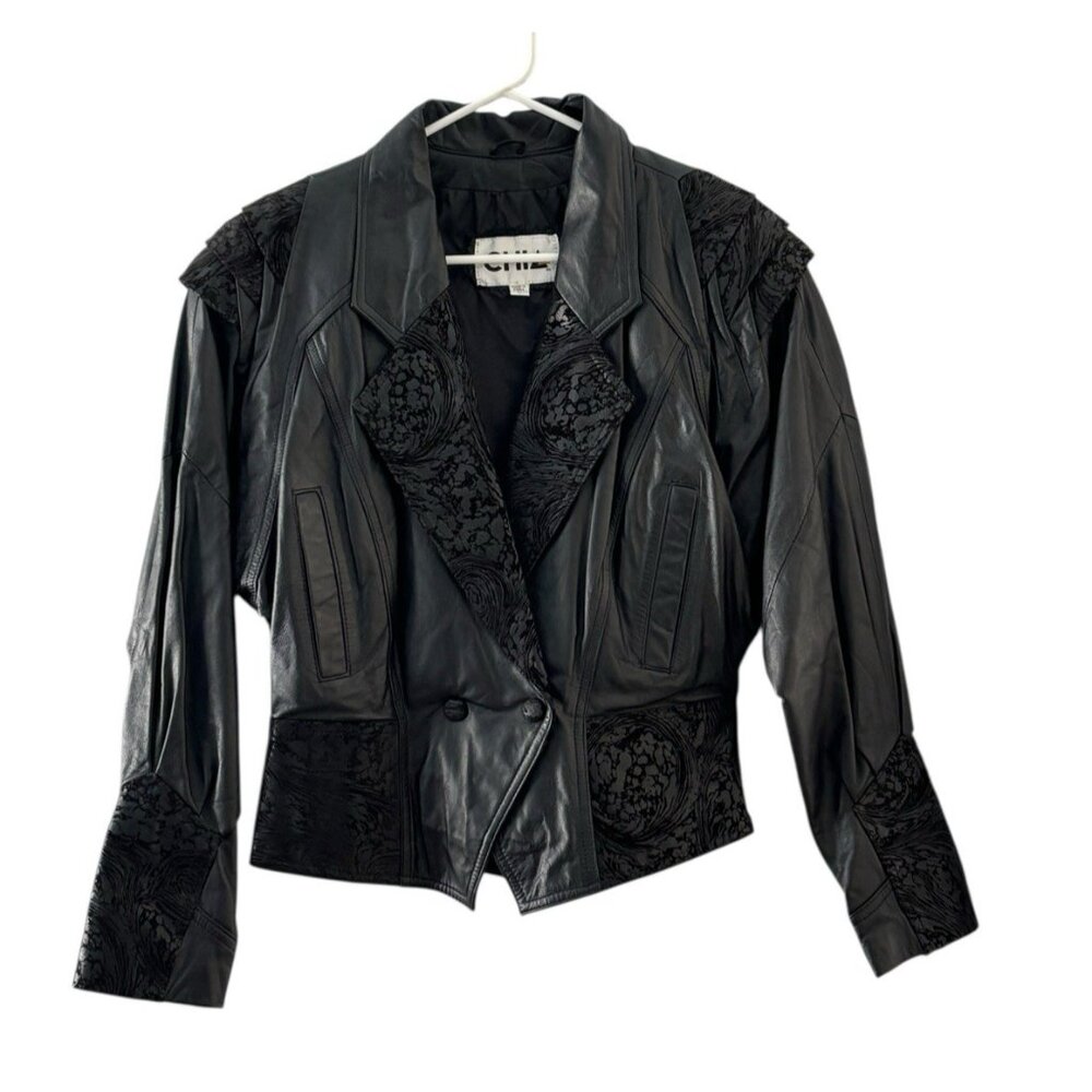 NOS Vtg Chia Leather Womens L Jacket Cropped Silhouette Black 80s Textured Moto